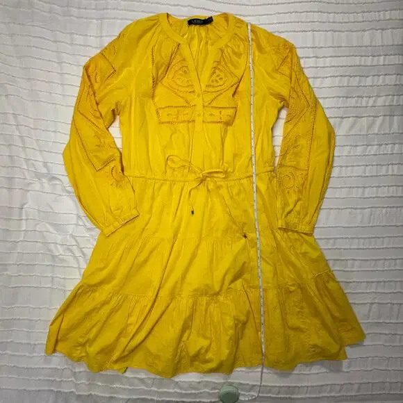 Lauren Ralph Lauren Yellow Embroidered Cotton Dress Women’s 12 Boho Cottagecore - Picture 7 of 16